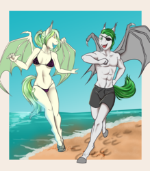 Size: 2550x2908 | Tagged: safe, artist:blackblood-queen, oc, oc only, oc:olive gale, oc:rabid, bat pony, anthro, unguligrade anthro, anthro oc, bat pony oc, bikini, clothes, couple, female, high res, male, oc x oc, olid, partial nudity, shipping, straight, swimming trunks, swimsuit, topless