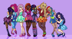 Size: 3325x1800 | Tagged: safe, artist:dinogorawrrainbow, applejack, fluttershy, pinkie pie, rainbow dash, rarity, sci-twi, spike, sunset shimmer, twilight sparkle, dog, human, g4, capri pants, clothes, cowboy hat, dark skin, diversity, dress, equestria girls outfit, eyes closed, female, frilly socks, glasses, hair bun, hair over one eye, hat, high heels, humane five, humane seven, humane six, humanized, kneesocks, laughing, leg warmers, looking at you, mane six, mary janes, pantyhose, shoes, signature, simple background, skirt, sneakers, socks, spike the dog, stetson, twolight