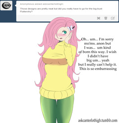 Size: 5040x5256 | Tagged: safe, artist:dinogorawrrainbow, fluttershy, human, g4, ask, blushing, breasts, busty fluttershy, clothes, female, hair over one eye, humanized, simple background, solo, sweater, sweatershy, tumblr, white background