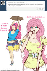 Size: 2800x4200 | Tagged: safe, artist:dinogorawrrainbow, fluttershy, pinkie pie, human, g4, ask, bare shoulders, belly button, box, chubby, clothes, duo, female, humanized, implied flutterpie, plump, shirt, simple background, tumblr, white background