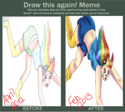 Size: 2320x2088 | Tagged: safe, artist:dinogorawrrainbow, rainbow dash, human, g4, bandage, clothes, comparison, draw this again, falling, female, goggles, high res, humanized, redraw, solo