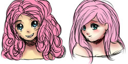 Size: 3500x1750 | Tagged: safe, artist:dinogorawrrainbow, fluttershy, pinkie pie, human, g4, blushing, bust, duo, female, humanized, looking at you, portrait, simple background, sketch, white background