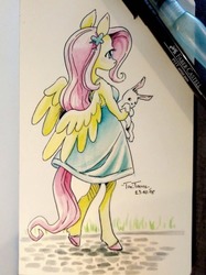 Size: 500x667 | Tagged: safe, artist:taritoons, angel bunny, fluttershy, pegasus, anthro, g4, clothes, colored hooves, dress, duo, looking away, three quarter view, traditional art, wings