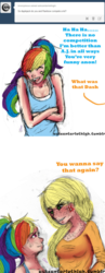 Size: 500x1294 | Tagged: safe, artist:dinogorawrrainbow, applejack, rainbow dash, human, g4, ask, cross-popping veins, duo, female, freckles, humanized, laughing, signature, simple background, tumblr, white background