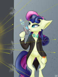 Size: 1668x2224 | Tagged: safe, artist:coldtrail, bon bon, sweetie drops, pony, g4, bipedal, bowtie, clothes, female, gun, jacket, mare, newbie artist training grounds, ray gun, raygun, solo, weapon