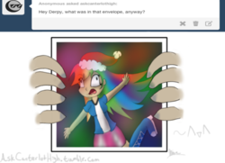 Size: 500x361 | Tagged: safe, artist:dinogorawrrainbow, rainbow dash, equestria girls, g4, ask, christmas, eye clipping through hair, female, hat, holiday, human coloration, implied derpy, picture, santa hat, signature, solo, spongebob squarepants, the secret box, tumblr