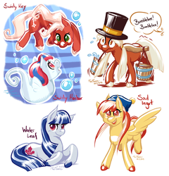 Size: 1150x1196 | Tagged: safe, artist:taritoons, oc, oc only, oc:bumblebee, oc:soul ingot, oc:swirly harbor, oc:swirly key, oc:water leaf, earth pony, pegasus, pony, sea pony, bubble, canada, crepuscular rays, fins, fish tail, flowing mane, flowing tail, germany, nation ponies, ocean, ponified, sunlight, swimming, tail, underwater, unshorn fetlocks, water