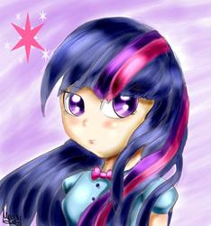 Size: 1024x1092 | Tagged: safe, artist:cometshina, twilight sparkle, human, g4, bust, eye clipping through hair, female, humanized, looking at you, portrait, signature, solo