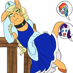 Size: 1500x1500 | Tagged: safe, artist:korencz11, applejack, rainbow dash, rarity, pony, g4, and then there's rarity, applejack also dresses in style, atg 2019, chair, choker, clothes, dress, jewelry, lost bet, newbie artist training grounds, simple background, table, tiara, transparent background