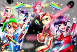 Size: 1800x1200 | Tagged: safe, artist:cometshina, applejack, fluttershy, pinkie pie, rainbow dash, rarity, twilight sparkle, human, g4, bass guitar, christmas, concert, drums, female, guitar, hair over one eye, holiday, humanized, keytar, looking at you, microphone, musical instrument, ponied up, snow, tambourine