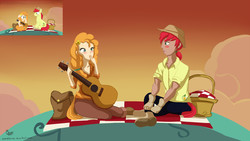 Size: 4280x2407 | Tagged: safe, artist:cometshina, bright mac, pear butter, human, g4, the perfect pear, blushing, dark skin, female, guitar, humanized, male, musical instrument, picnic, scene interpretation, screencap reference, signature