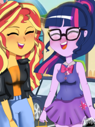 Size: 1800x2400 | Tagged: safe, artist:artmlpk, sci-twi, sunset shimmer, twilight sparkle, equestria girls, g4, adorable face, adorkable, alternate clothes, blushing, clothes, cute, dork, duo, eyes closed, female, laughing, shimmerbetes, twiabetes, watch