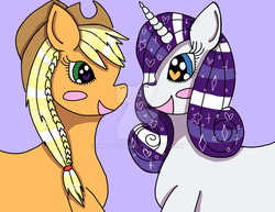 Size: 1024x791 | Tagged: safe, artist:myeyesha, applejack, rarity, pony, g4, cute, deviantart watermark, female, jackabetes, lesbian, obtrusive watermark, raribetes, ship:rarijack, shipping, watermark