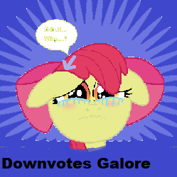 Size: 249x250 | Tagged: safe, apple bloom, derpibooru, g4, 1000 hours in ms paint, adorabloom, crying, cute, downvote, faic, floppy ears, meta, needs more jpeg, sad, sadorable, spoilered image joke, thought bubble