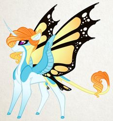 Size: 1600x1720 | Tagged: safe, artist:australian-senior, oc, oc only, oc:stelmaria invictus, alicorn, dracony, hybrid, kirin, pony, kirindos, alternate universe, butterfly wings, coat markings, female, hybrid wings, leonine tail, magical lesbian spawn, mare, offspring, parent:oc:luminia invictus, parent:rarity, parent:twilight sparkle, parents:rarilight, solo, tan background, wings