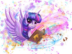 Size: 2048x1536 | Tagged: safe, artist:tinybenz, twilight sparkle, alicorn, pony, g4, abstract background, book, female, smiling, solo, spread wings, twilight sparkle (alicorn), wings
