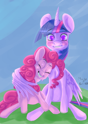 Size: 2480x3507 | Tagged: safe, artist:majo32, pinkie pie, twilight sparkle, alicorn, earth pony, pony, unicorn, g4, female, hearts and hooves day, high res, hug, lesbian, ship:twinkie, shipping, smiling, twilight sparkle (alicorn), winghug