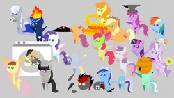 Size: 1280x720 | Tagged: safe, artist:chicken-cake, apple bloom, applejack, berry punch, berryshine, carrot top, daring do, derpy hooves, diamond tiara, fluttershy, golden harvest, lyra heartstrings, minuette, octavia melody, princess luna, rarity, scootaloo, silver spoon, sweetie belle, oc, fish, pony, snake, unicorn, g4, amble, beehive, bone, cute, decapitated, dumb ways to die, female, filly, fire, glue, glue bottle, green face, headless, link in source, male, mare, money bag, parody, pmv, pointy ponies, severed head, sick, simple background, stallion, thumbnail, washing machine, white background, youtube link