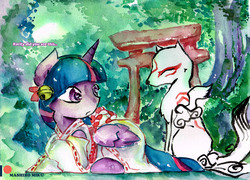 Size: 3341x2409 | Tagged: safe, artist:mashiromiku, twilight sparkle, alicorn, pony, g4, amaterasu, bell, clothes, crossover, high res, kimono (clothing), okami, patreon, patreon logo, torii, torii gate, traditional art, twilight sparkle (alicorn), watercolor painting