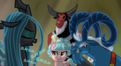 Size: 2151x1170 | Tagged: safe, artist:rainbow eevee, cozy glow, grogar, lord tirek, queen chrysalis, centaur, changeling, changeling queen, pegasus, pony, sheep, g4, angry, atg 2019, blah, blah blah blah, cozy glow is not amused, dialogue, eyes closed, female, filly, foal, frown, grogar is not amused, here we go again, male, newbie artist training grounds, nose piercing, nose ring, piercing, ram, septum piercing, shadow, simple background, talking, text, tirek is not amused, unamused, villains of equestria