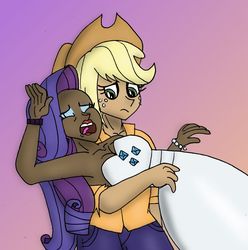 Size: 1024x1034 | Tagged: safe, artist:misseljebel, applejack, rarity, human, equestria girls, equestria girls series, g4, rarity investigates: the case of the bedazzled boot, armpits, arms in the air, bare shoulders, clothes, cute, dark skin, dress, female, hands in the air, humanized, lesbian, rarity investigates (eqg): applejack, ship:rarijack, shipping, sleeveless, sleeveless dress
