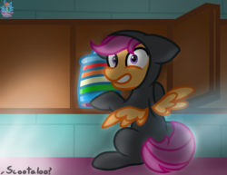 Size: 1573x1212 | Tagged: safe, artist:rainbow eevee, rainbow dash, scootaloo, pegasus, pony, g4, atg 2019, cabinet, catsuit, caught, clothes, cookie, cookie jar, dialogue, female, filly, food, midnight snack, newbie artist training grounds, night, offscreen character, siblings, sisters, sneaking, sneaking suit, sneaky, spread wings, text, wings
