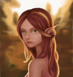 Size: 990x1055 | Tagged: safe, artist:amarthgul, sunset shimmer, human, g4, bust, elf ears, female, humanized, portrait, solo