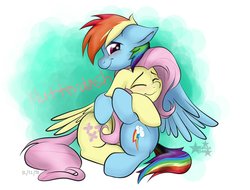 Size: 1200x911 | Tagged: safe, artist:sadistic star, fluttershy, rainbow dash, pegasus, pony, g4, female, floppy ears, happy, hug, lesbian, mare, ship:flutterdash, shipping, sitting, smiling, wings