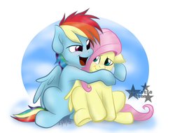 Size: 1200x911 | Tagged: safe, artist:sadistic star, fluttershy, rainbow dash, pegasus, pony, g4, female, hug, hug from behind, lesbian, looking at each other, mare, ship:flutterdash, shipping, sitting, smiling, wings
