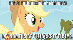 Size: 638x358 | Tagged: safe, edit, edited screencap, editor:undeadponysoldier, screencap, applejack, earth pony, pony, bats!, g4, season 4, adorable face, breaking the fourth wall, cute, female, hat, i see what you did there, introduction, irish, jacksepticeye, looking at you, mare, meme, namesake, pun, reference, solo, talking to viewer, tree, youtuber
