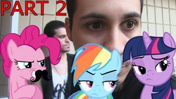 Size: 1280x720 | Tagged: safe, artist:pony-o bros., pinkie pie, rainbow dash, twilight sparkle, human, pegasus, pony, unicorn, series:pony meets world, g4, close-up, community related, extreme close-up, facial hair, female, irl, irl human, jared armstrong, joey orpesa, link in description, mare, moustache, photo, ponies in real life, thumbnail, unamused, unicorn twilight, youtube link