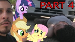 Size: 1280x720 | Tagged: safe, artist:pony-o bros., applejack, fluttershy, twilight sparkle, earth pony, human, pegasus, pony, series:pony meets world, g4, bandage, car, community related, facial hair, female, irl, irl human, jared armstrong, joey orpesa, link in description, mare, moustache, photo, ponies in real life, thumbnail, unamused, youtube link
