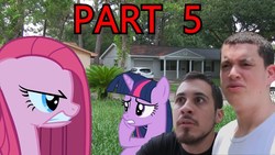 Size: 1280x720 | Tagged: safe, artist:pony-o bros., pinkie pie, twilight sparkle, earth pony, human, pegasus, pony, series:pony meets world, g4, bandage, community related, dustin, facial hair, female, house, irl, irl human, joey orpesa, link in description, mare, moustache, photo, pinkamena diane pie, ponies in real life, thumbnail, unamused, youtube link