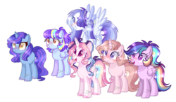 Size: 1280x750 | Tagged: safe, artist:moon-rose-rosie, oc, oc only, oc:bird song, oc:celestial moon, oc:coraline, oc:passion, oc:smooth blue, oc:vania, alicorn, pegasus, pony, unicorn, base used, female, interdimensional siblings, magical lesbian spawn, mare, offspring, parent:rainbow dash, parent:twilight sparkle, parents:twidash, simple background, transparent background