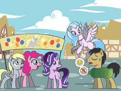 Size: 1280x960 | Tagged: safe, artist:flutterluv, derpy hooves, pinkie pie, silverstream, starlight glimmer, earth pony, hippogriff, pegasus, pony, unicorn, g4, atg 2019, clothes, costume, food, food costume, newbie artist training grounds