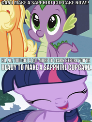 Size: 639x840 | Tagged: safe, edit, edited screencap, editor:undeadponysoldier, screencap, applejack, spike, twilight sparkle, dragon, pony, unicorn, series:spikebob scalepants, g4, spike at your service, adorable face, caption, cute, eyes closed, female, happy, image macro, implied sapphire cupcake, krusty krab training video, male, mare, reference, spongebob squarepants, text, wrong aspect ratio