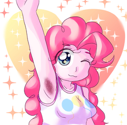 Size: 1178x1158 | Tagged: safe, artist:アルカリ土類金属, pinkie pie, human, equestria girls, g4, :3, abstract background, armpit hair, armpits, breasts, clothes, female, heart, one eye closed, solo, wingding eyes, wink