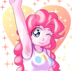 Size: 1178x1158 | Tagged: safe, artist:アルカリ土類金属, pinkie pie, human, equestria girls, g4, :3, abstract background, armpit hair, armpits, breasts, clothes, cute, diapinkes, eye clipping through hair, eyebrows, eyebrows visible through hair, female, heart, one eye closed, pixiv, solo, wingding eyes, wink