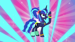 Size: 1920x1080 | Tagged: safe, screencap, princess luna, alicorn, pony, between dark and dawn, g4, 80s princess luna, alternate hairstyle, bare hooves, cute, face paint, female, folded wings, hair dye, hair ornament, happy go lucky, jewelry, looking up, makeup, mare, missing accessory, necklace, pearl necklace, ponytail, raised hoof, smiling, solo, wings