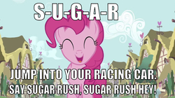 Size: 641x358 | Tagged: safe, edit, edited screencap, editor:undeadponysoldier, screencap, pinkie pie, a friend in deed, g4, adorable face, akb48, cute, eyes closed, happy, lyrics, ponyville, reference, singing, song reference, spelling, sugar rush, sugar rush theme, text, wreck-it ralph