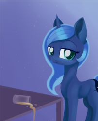 Size: 1379x1705 | Tagged: safe, artist:dusthiel, princess luna, alicorn, pony, g4, atg 2019, cheek fluff, chest fluff, chocolate, chocolate milk, crown, exploitable meme, face of evil, female, jewelry, looking at you, mare, meme, milk, newbie artist training grounds, pure unfiltered evil, regalia, solo, spilled drink, spilled milk