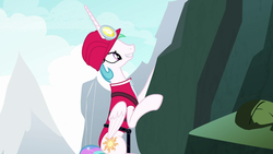 Size: 1920x1080 | Tagged: safe, screencap, princess celestia, alicorn, pony, between dark and dawn, g4, bare hooves, clothes, cutie mark, determined, female, folded wings, helmet, leotard, lotta little things, mare, mining helmet, rock climbing, solo, wings