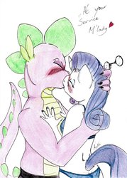 Size: 918x1280 | Tagged: safe, artist:dylan, rarity, spike, dragon, unicorn, anthro, g4, blushing, bra, clothes, duo, eyes closed, female, glasses, glasses off, interspecies, kiss on the lips, kissing, male, older, older spike, panties, ship:sparity, shipping, straight, traditional art, underwear