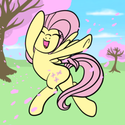 Size: 2100x2100 | Tagged: safe, artist:lannielona, fluttershy, pegasus, pony, g4, bipedal, cherry blossoms, cloud, cute, dancing, eyes closed, female, flower, flower blossom, grass, happy, high res, hill, leaping, mare, shyabetes, sky, smiling, solo, tree, underhoof