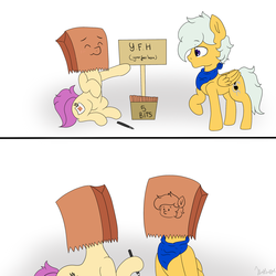 Size: 2133x2133 | Tagged: safe, artist:itwasscatters, oc, oc:paper bag, oc:scatter, earth pony, pegasus, pony, comic, drawing, female, high res, male, paper bag, sign, simple background, white background
