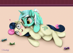 Size: 6300x4550 | Tagged: safe, artist:darksly, bon bon, lyra heartstrings, sweetie drops, earth pony, pony, unicorn, g4, blushing, candy, female, food, lesbian, licking, mare, ship:lyrabon, shipping, tongue out