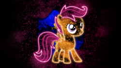 Size: 1920x1080 | Tagged: safe, artist:morningstar-1337, edit, scootaloo, pony, g4, cutie mark, female, neon, solo, space, vector, wallpaper, wallpaper edit