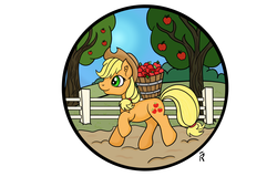 Size: 3000x1920 | Tagged: safe, artist:dawn-designs-art, applejack, earth pony, pony, g4, apple, circle, female, food, happy, scenery, solo, sweet apple acres, working
