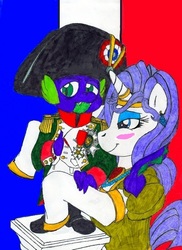Size: 930x1280 | Tagged: safe, artist:pandaren_chaplain, rarity, spike, g4, clothes, costume, female, french flag, male, napoleon bonaparte, ship:sparity, shipping, straight, traditional art