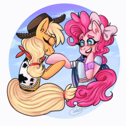 Size: 1600x1600 | Tagged: safe, artist:lindayof, applejack, pinkie pie, pony, g4, bo peep, clothes, cosplay, costume, cute, female, lesbian, ship:applepie, shipping, toy story, toy story 4, woody